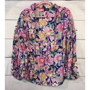 Fate Size Med Long Sleeve Top Vibrant Floral Collared EUC